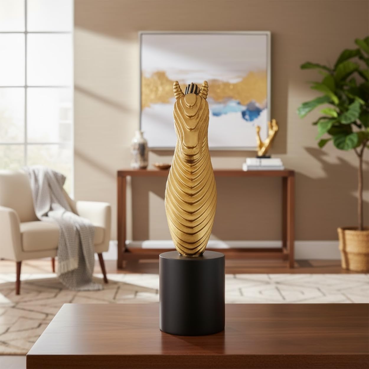 Modern Ribbed Horse Head Showpiece – Premium Gold & Black Abstract Resin Sculpture for Home, Office & Table Décor (13×23×7 cm) Dailyalley