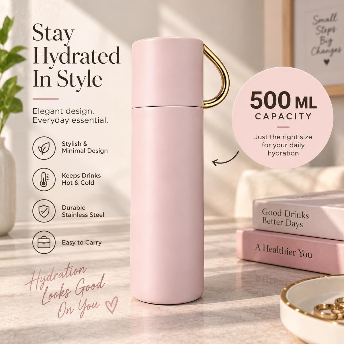 Stainless Steel Water Bottle 500ml | Double Wall Insulated Flask | Leak Proof Inner Stopper with Silicone Seal | Cup Lid | Hot & Cold | BPA Free Reusable Bottle for Travel, Office & School (Pink)