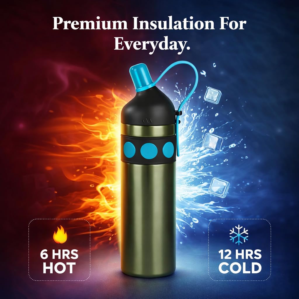Stainless Steel Thermal Water Bottle 750ml – Double Wall Vacuum Insulated, Leak-Proof, Portable Strap Design for Travel, Office & Outdoor use (Green)