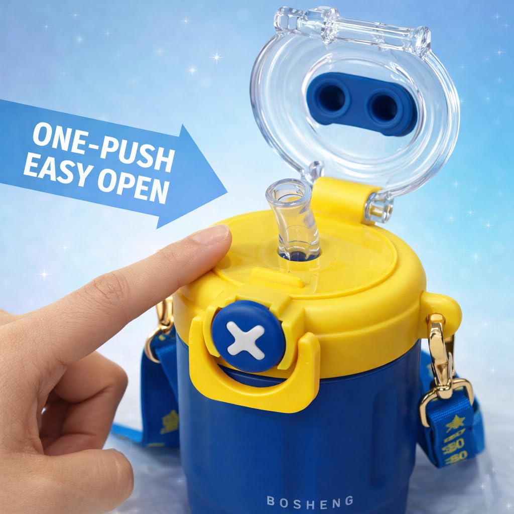 300 ml Kids Water Bottle with Stylish Carry Strap | Leakproof Lock Cap | Cute Cartoon Design | Portable Sipper for School & Travel (Blue)