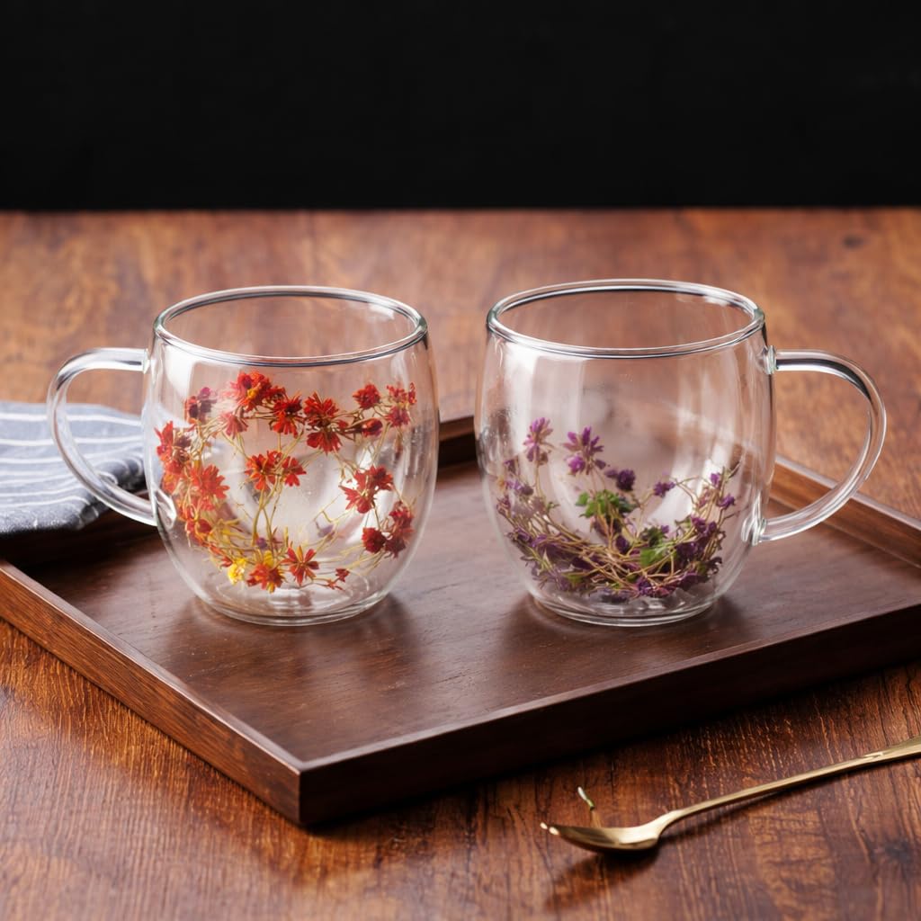 Dried Flower Double Wall Glass Coffee Mug Set of 2 | 350ml