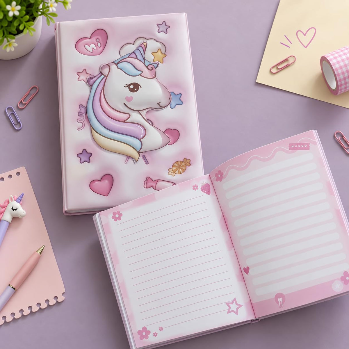 3D Squishy Unicorn Diary for Kids, Fancy Notebook for Girls, Cute Soft Touch Diary with 100 Pages, Kids Notepad for School, Personal Notes, Drawing & Writing (Pink)