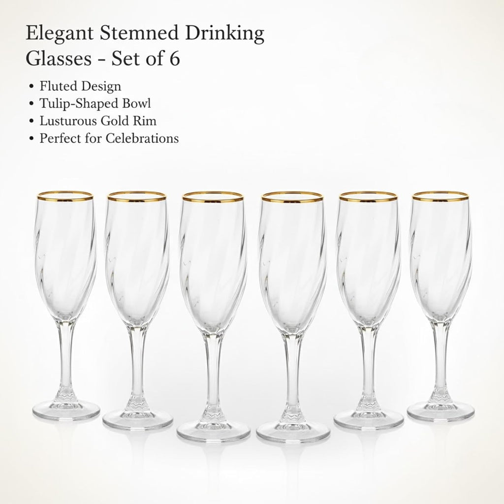 Premium Champagne Flutes Set of 6 (300ml Each) - Luxury Twisted Design Crystal Glasses - Elegant Wine & Whisky Glass Set for Cocktails, Parties, Weddings & Gifting - Transparent