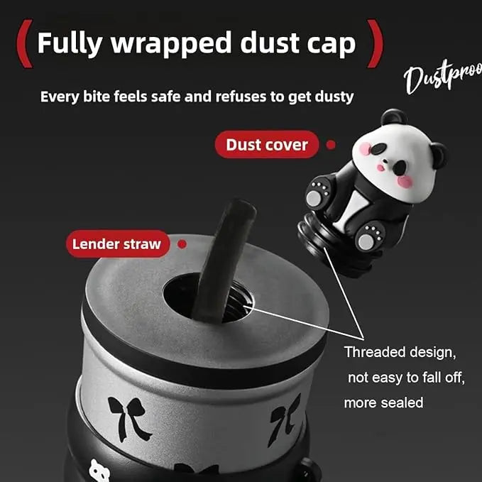 Product with dust cap and straw design, featuring a panda character on a black background.