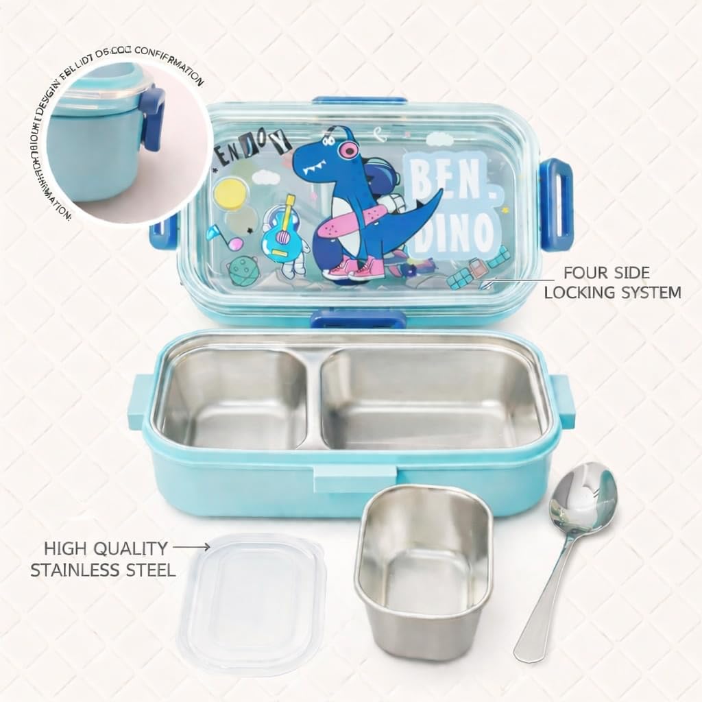 Lunch Box for Kids | Cute Tiffin Box for School | Stainless Steel Box with Leakproof Lid, Sauce Container & Spoon (Blue Dinosaur)