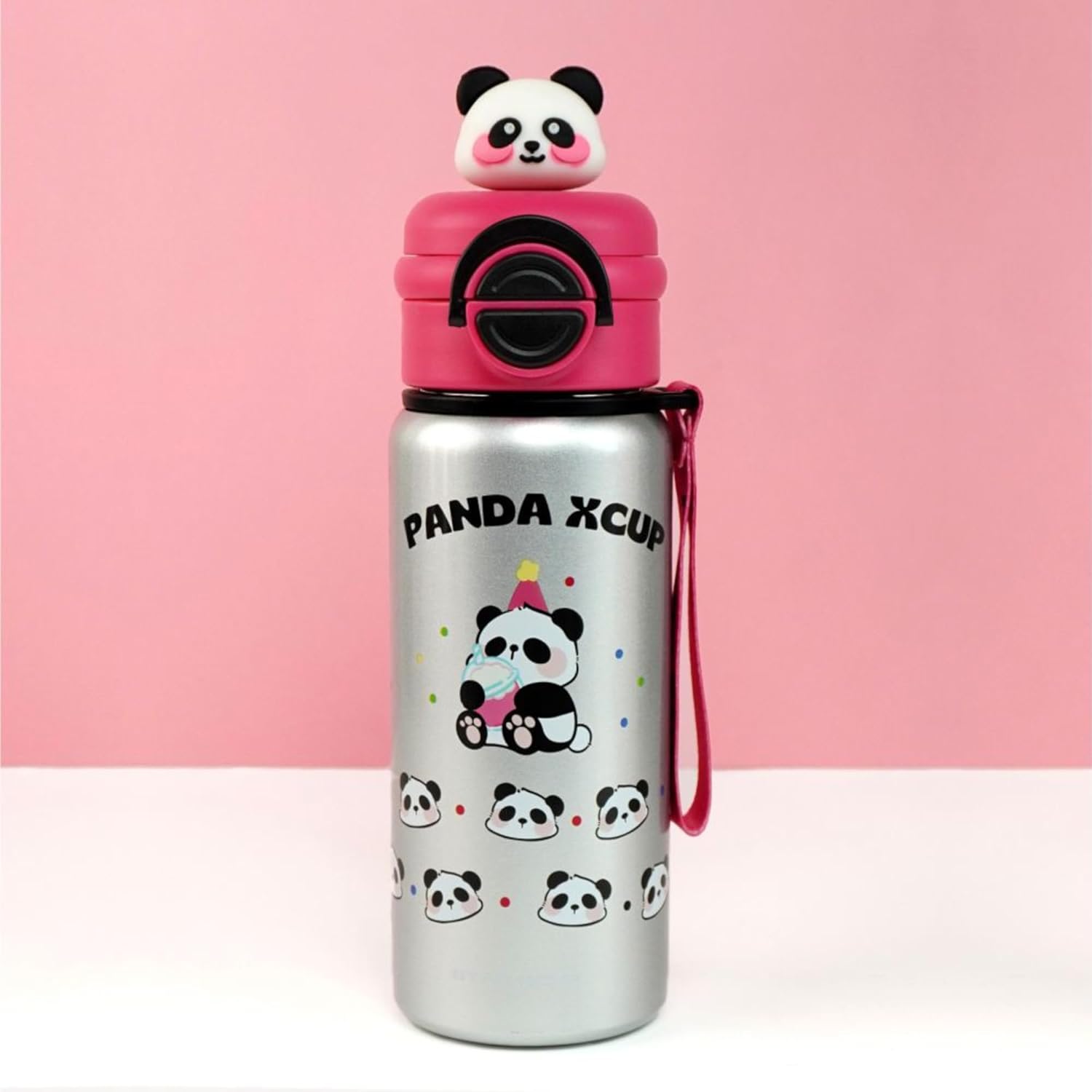 Silver water bottle with panda design and pink lid on a pink background