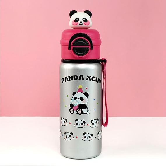 Panda-themed water bottle with pink lid and panda design on a pink background