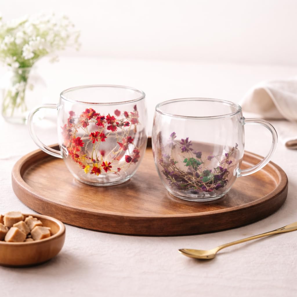 Dried Flower Double Wall Glass Coffee Mug Set of 2 | 350ml
