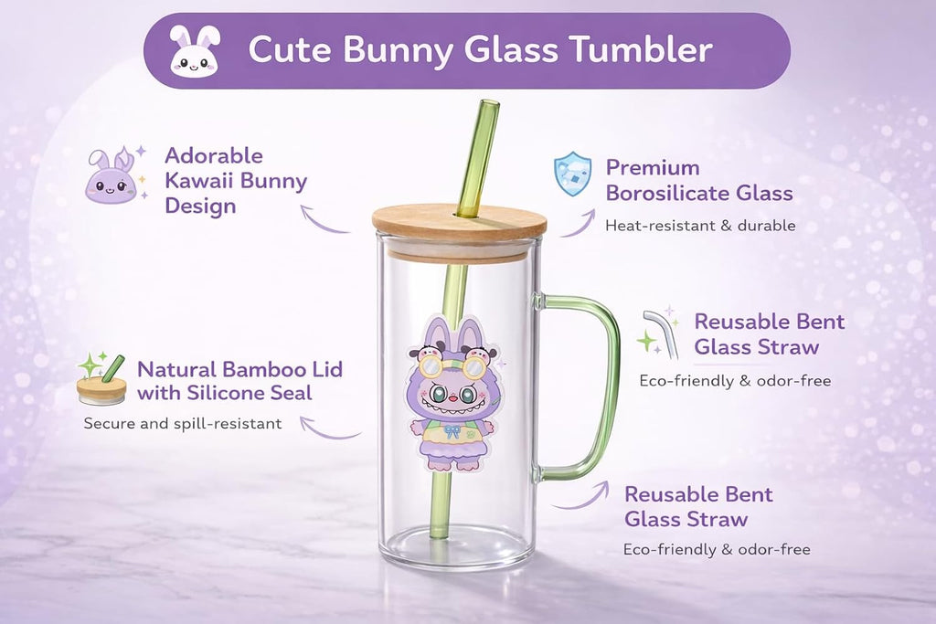 Cute Glass Sipper Tumbler with Handle, Bamboo Lid & Bent Glass Straw | Borosilicate Drinking Mug for Coffee, Milk, Juice & Water (Purple)