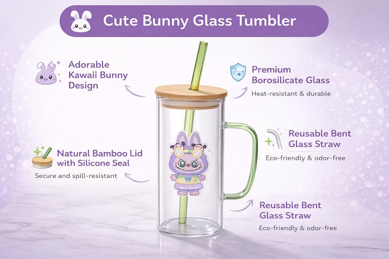 Cute Glass Sipper Tumbler with Handle, Bamboo Lid & Bent Glass Straw | Borosilicate Drinking Mug for Coffee, Milk, Juice & Water (Purple)