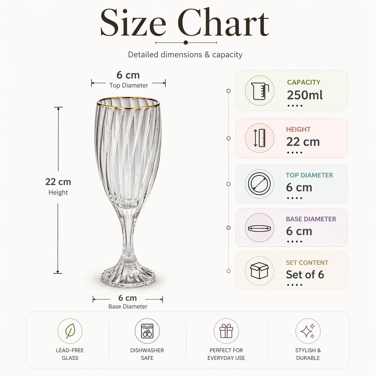 Premium Champagne Glasses Set of 6, 200ml Gold Rim Fluted Crystal Glasses, Elegant Stemware for Sparkling Wine, Prosecco, Cocktails, Mocktails, Weddings, Parties & Gifting