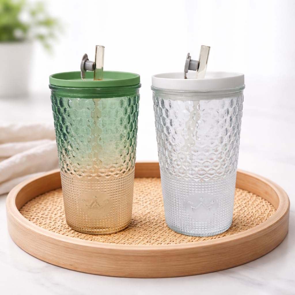 Glass Sipper Set of 2 with Lid & Straw (400ml Each)