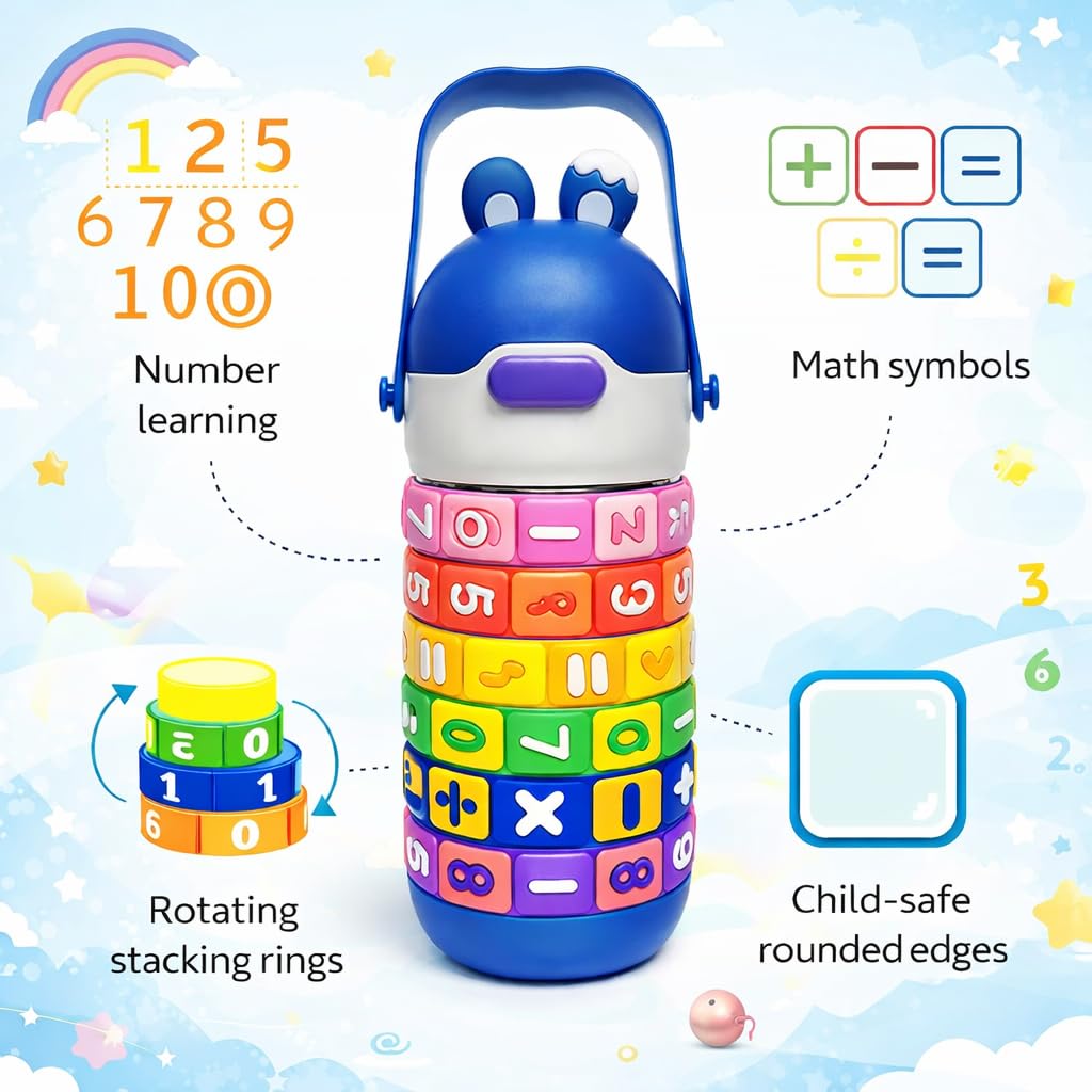 Math Learning Puzzle Water Bottle for School Kids 500ml – Stainless Steel Sipper with Straw & Adjustable Strap – Fun Educational Number Puzzle Drinking Bottle for Boys & Girls (Blue)