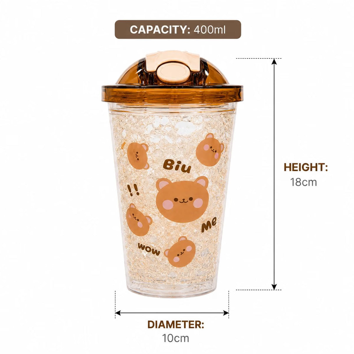 Cute Bear Tumbler for Kids & Girls 450ML - Leakproof Sipper Cup with Straw, Crystal Ice Textured Transparent Water Bottle with Flip Lid - Lightweight Freezer Safe Juice Coffee Cup (Yellow)