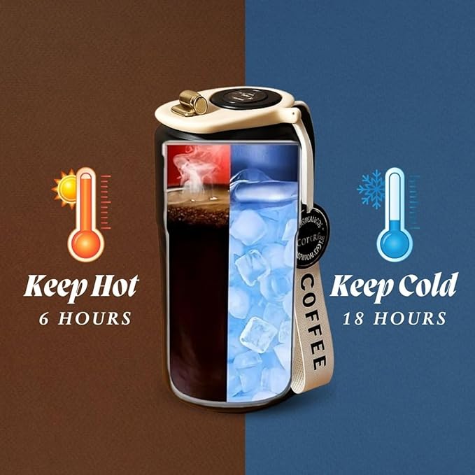 Portable coffee maker with temperature display on a brown and blue background