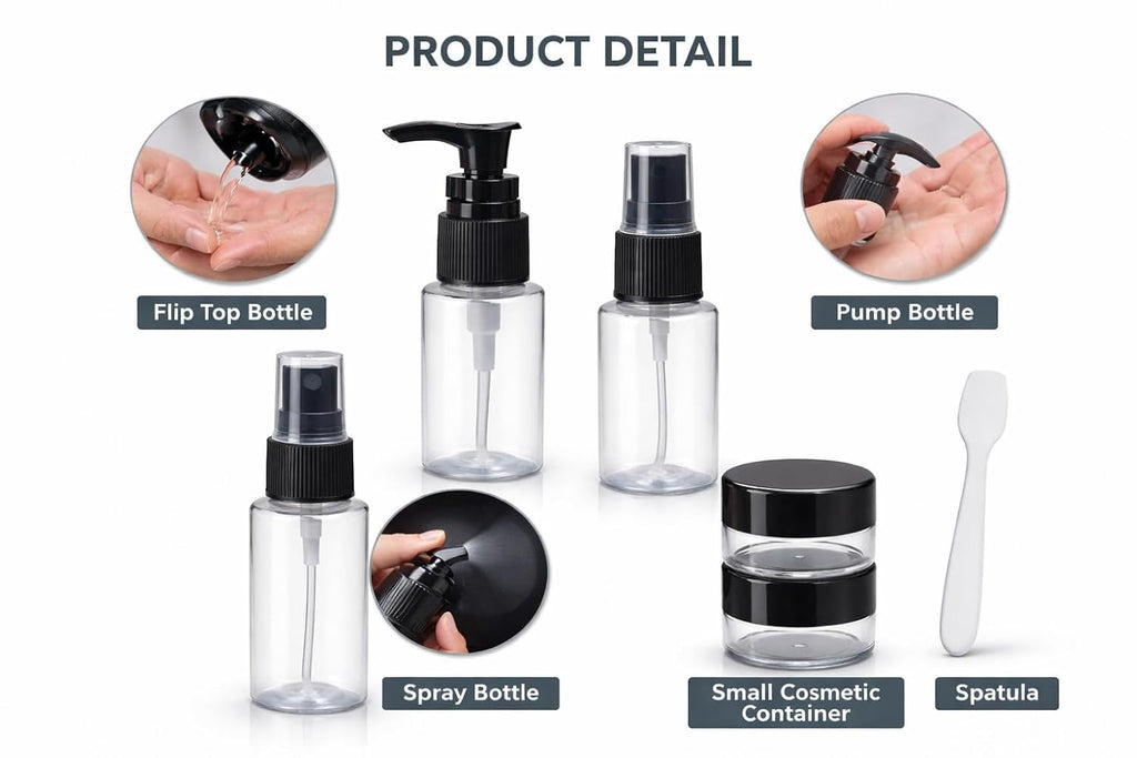 Travel Bottles for Toiletries with Pouch (6 Pcs) | Refillable Empty Toiletry Containers for Shampoo, Lotion, Creams, Perfume & Cosmetics | Portable Travel Kit (Black)