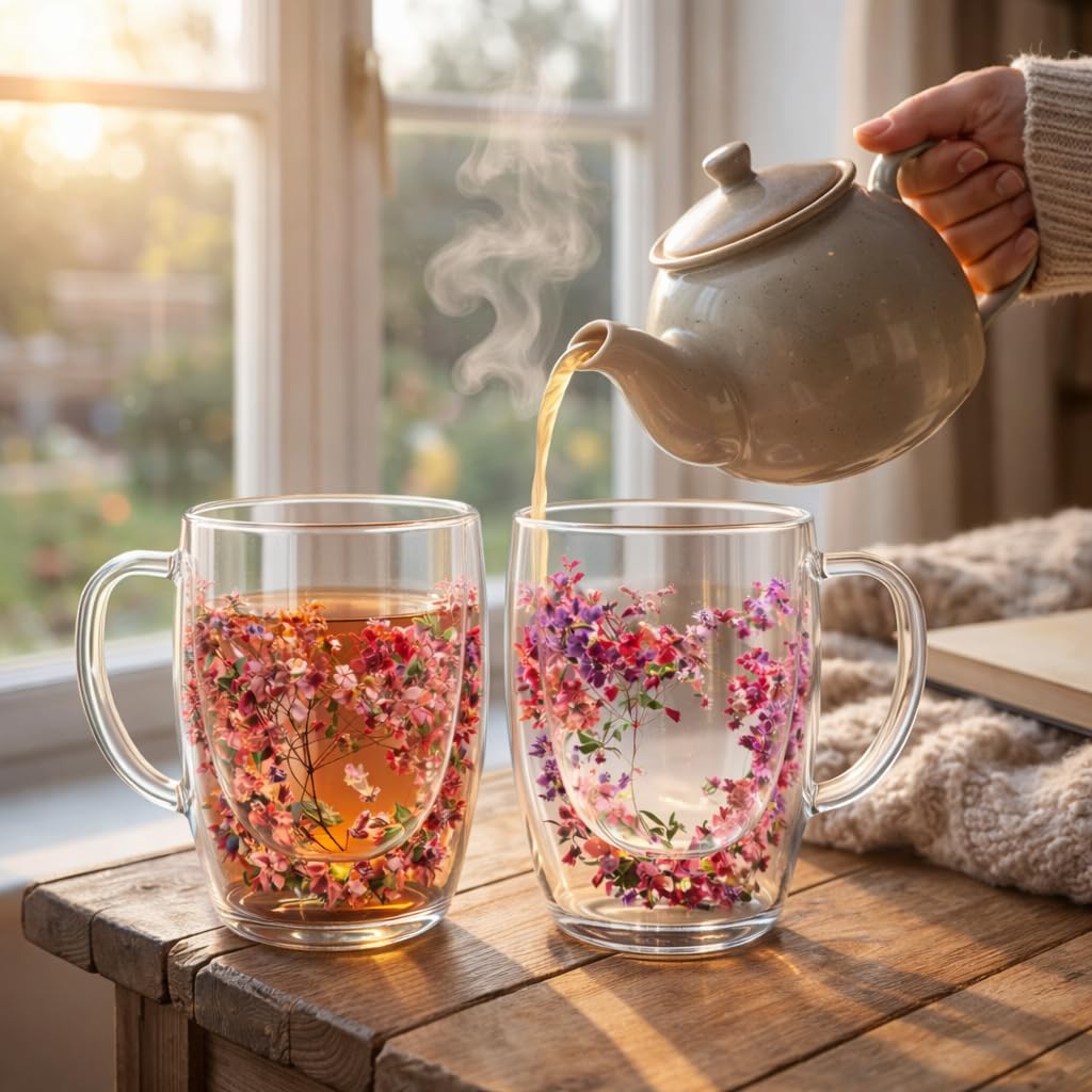 Floral Glass Cup (Pack of 2) | Transparent Double Wall Mug with Flowers | 450ml