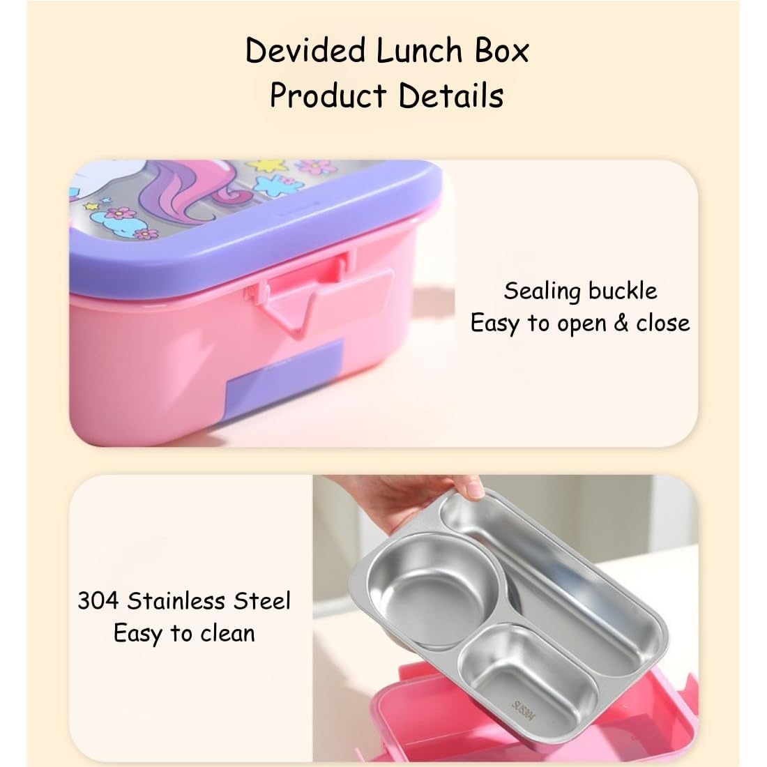3 Compartment Stainless Steel Lunch Box for Kids | Leakproof Bento Tiffin Box (SS304) with Spoon & Fork