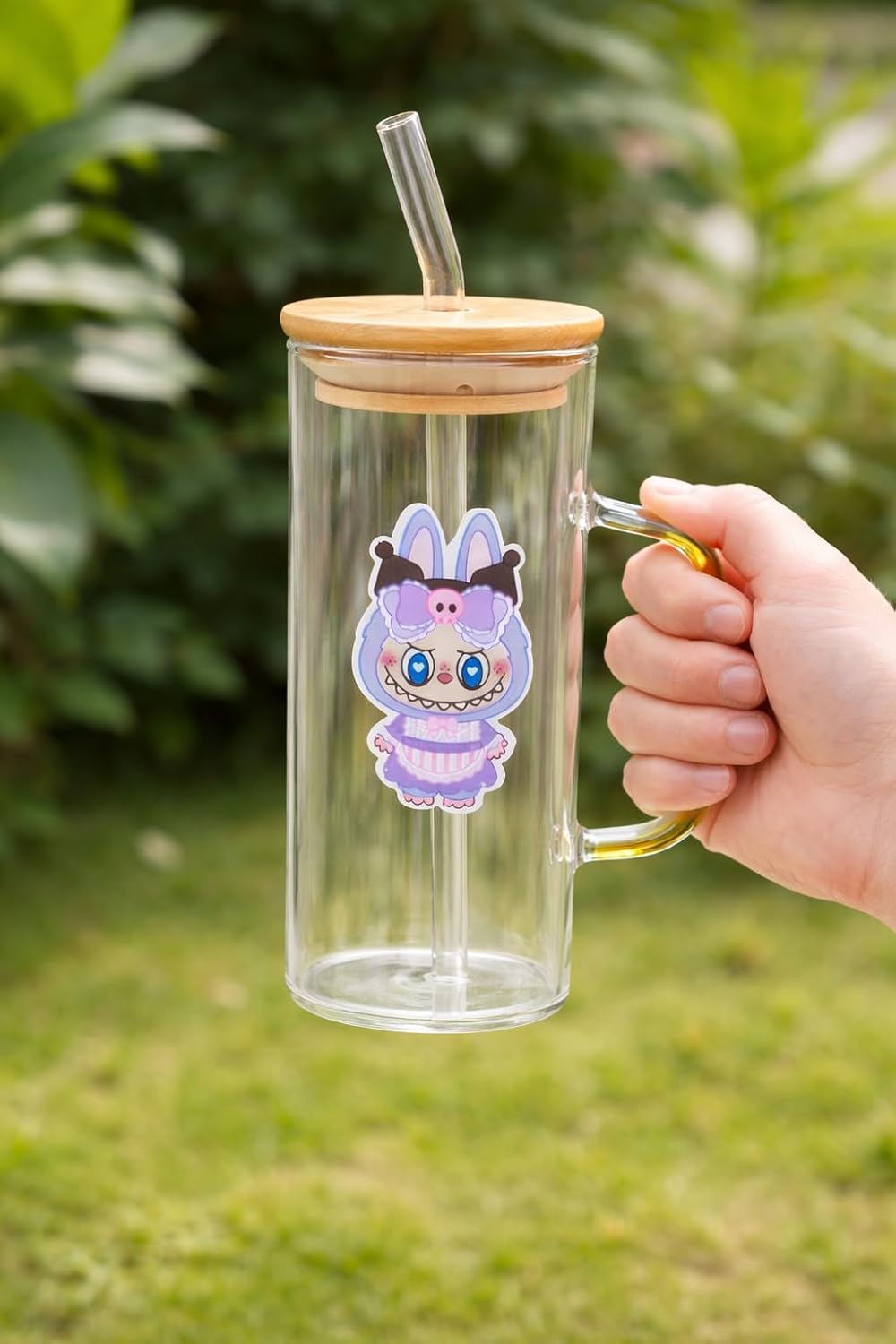 Cute Glass Sipper Tumbler with Handle, Bamboo Lid & Bent Glass Straw | Borosilicate Drinking Mug for Coffee, Milk, Juice & Water (Purple)