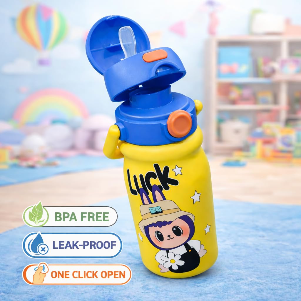 Cute cartoon printed water bottle with handle. 520 ml capacity, lightweight and easy to carry. Perfect for kids, school, travel and daily use. (Yellow)