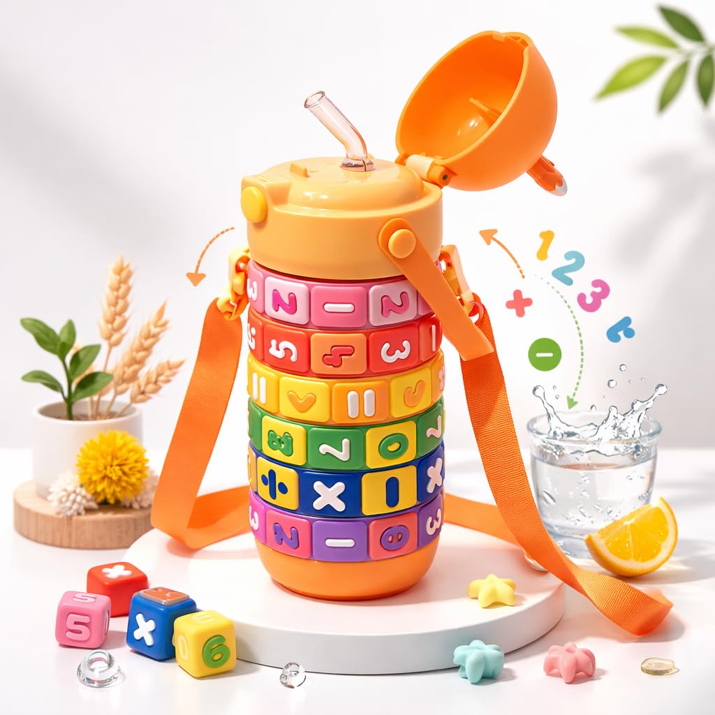 Math Learning Puzzle Water Bottle for School Kids 500ml – Stainless Steel Sipper with Straw & Adjustable Strap – Fun Educational Number Puzzle Drinking Bottle for Boys & Girls (Orange)