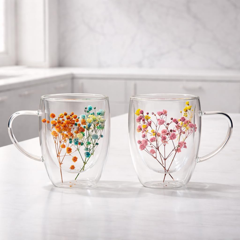 Floral Glass Cup (Pack of 2) | Transparent Double Wall Mug with Flowers