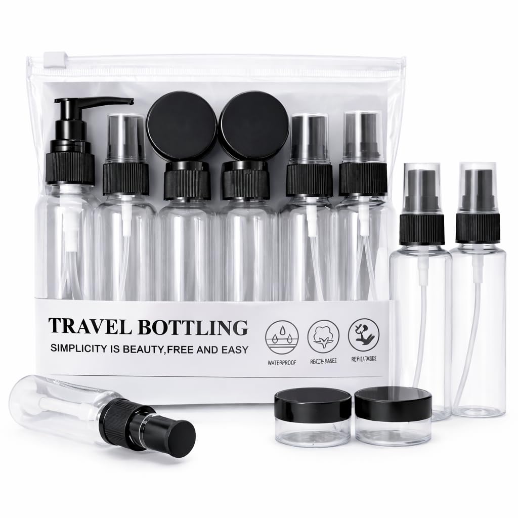 Travel Bottles for Toiletries with Pouch (7 Pcs) | Refillable Toiletry Containers for Shampoo, Lotion, Creams, Perfume & Cosmetics | Portable Travel Kit (Black)