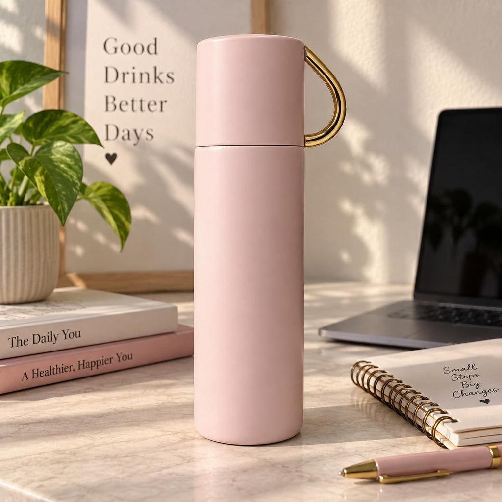 Stainless Steel Water Bottle 500ml | Double Wall Insulated Flask | Leak Proof Inner Stopper with Silicone Seal | Cup Lid | Hot & Cold | BPA Free Reusable Bottle for Travel, Office & School (Pink)