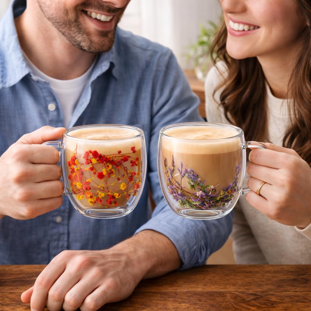 Dried Flower Double Wall Glass Coffee Mug Set of 2 | 350ml