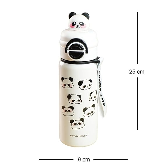 White water bottle with panda designs and measurements on a white background