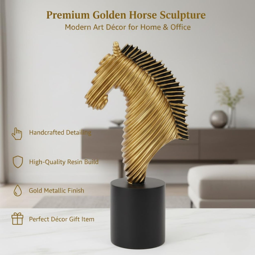 Modern Ribbed Horse Head Showpiece – Premium Gold & Black Abstract Resin Sculpture for Home, Office & Table Décor (13×23×7 cm) Dailyalley