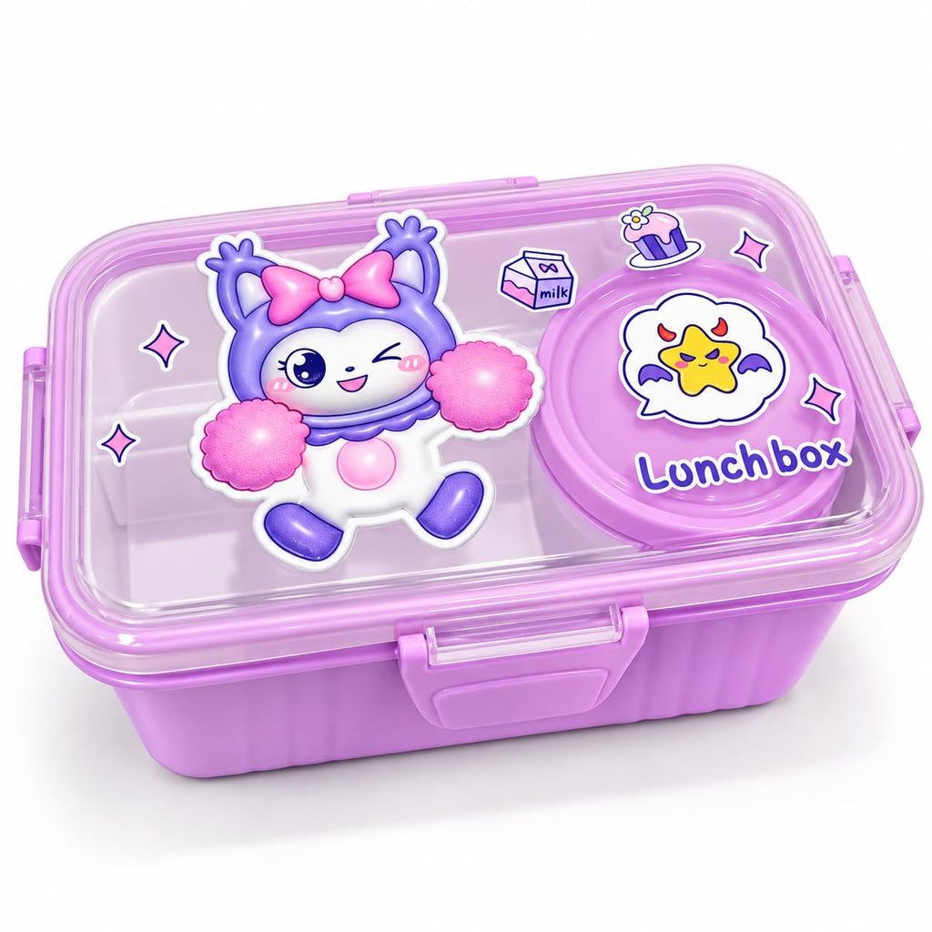 Kids Lunch Box for School, Cartoon Tiffin Box for Boys & Girls with Fork & Inner Food Container, Multi Compartment Lunch Box for School, Picnic & Daily Meals (Purple)