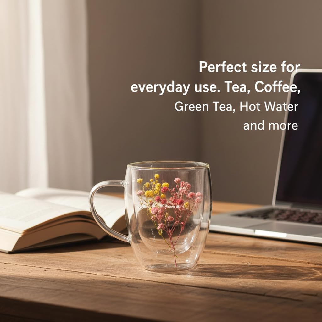 Floral Glass Cup (Pack of 2) | Transparent Double Wall Mug with Flowers