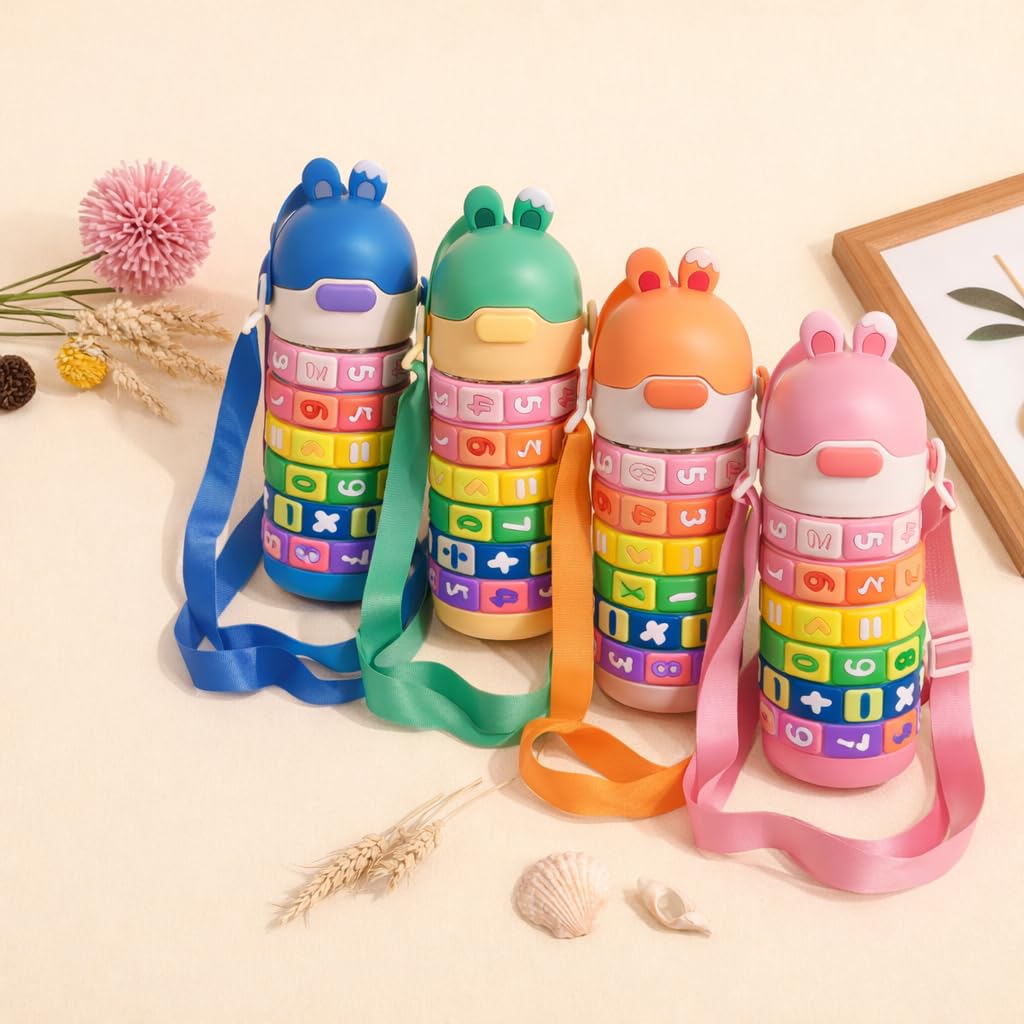 Math Learning Puzzle Water Bottle for School Kids 500ml – Stainless Steel Sipper with Straw & Adjustable Strap – Fun Educational Number Puzzle Drinking Bottle for Boys & Girls (Pink)