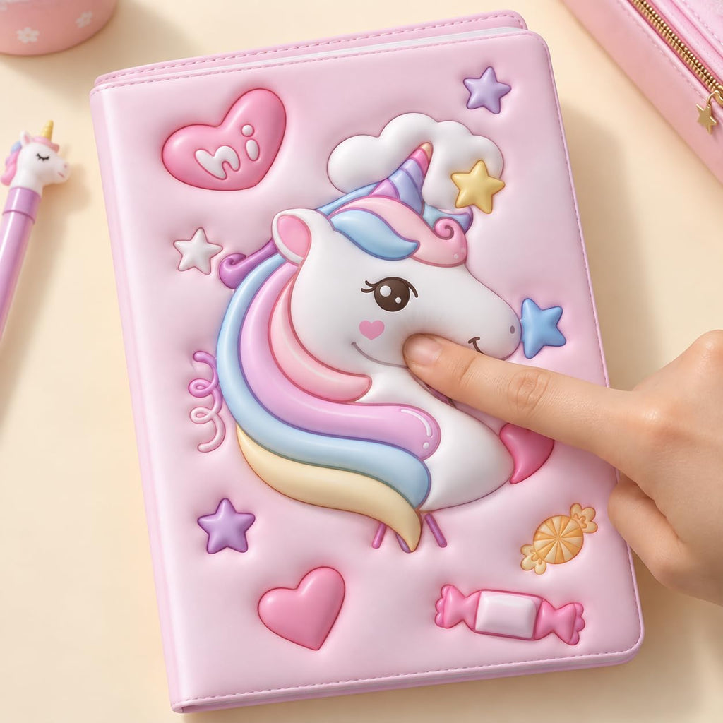 3D Squishy Unicorn Diary for Kids, Fancy Notebook for Girls, Cute Soft Touch Diary with 100 Pages, Kids Notepad for School, Personal Notes, Drawing & Writing (Pink)