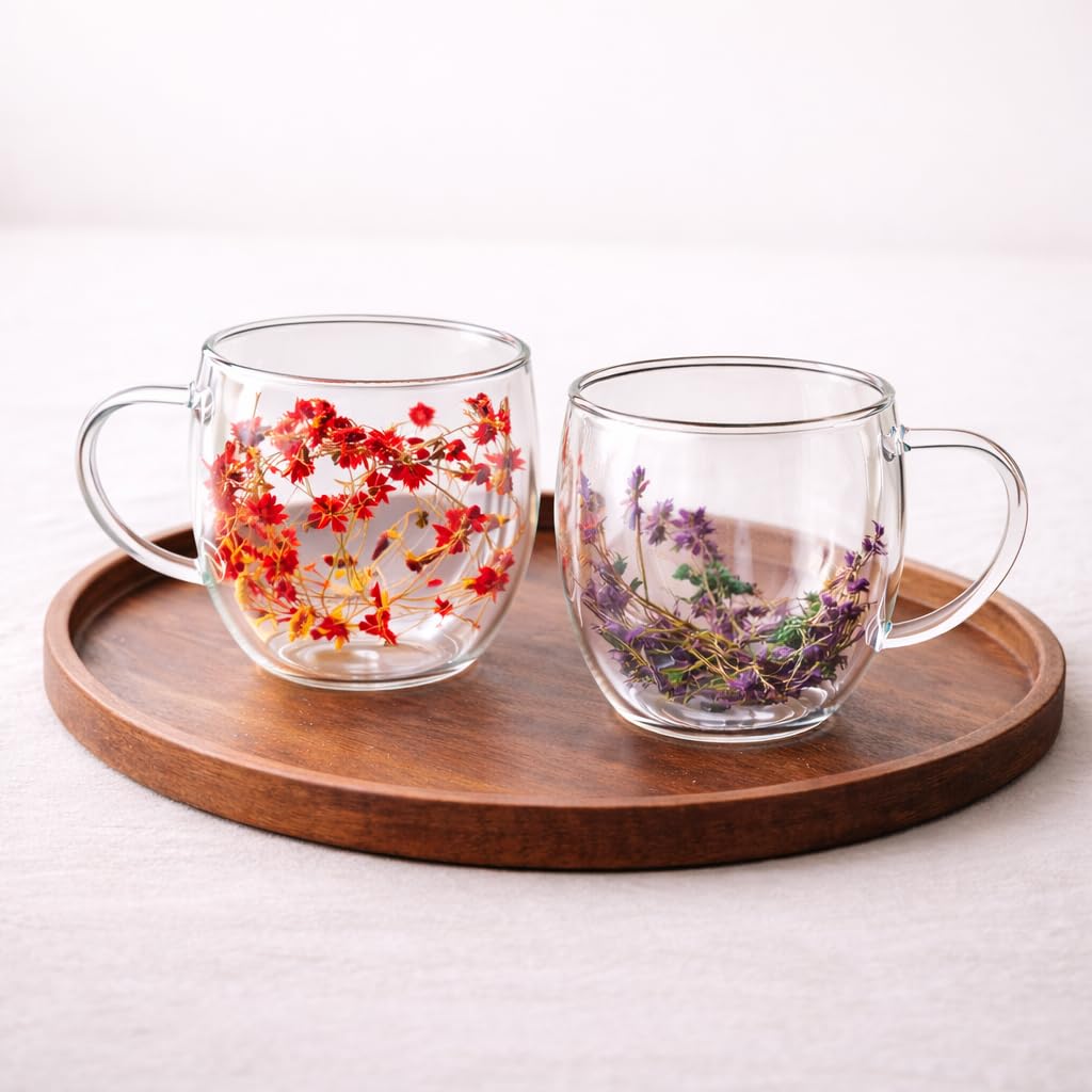 Dried Flower Double Wall Glass Coffee Mug Set of 2 | 350ml