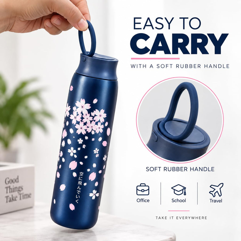 Stainless Steel Water Bottle 470ml | Compact Reusable Steel Water Bottle | Stylish Floral Design | Easy to Carry | for School, Office, Travel & Daily Use