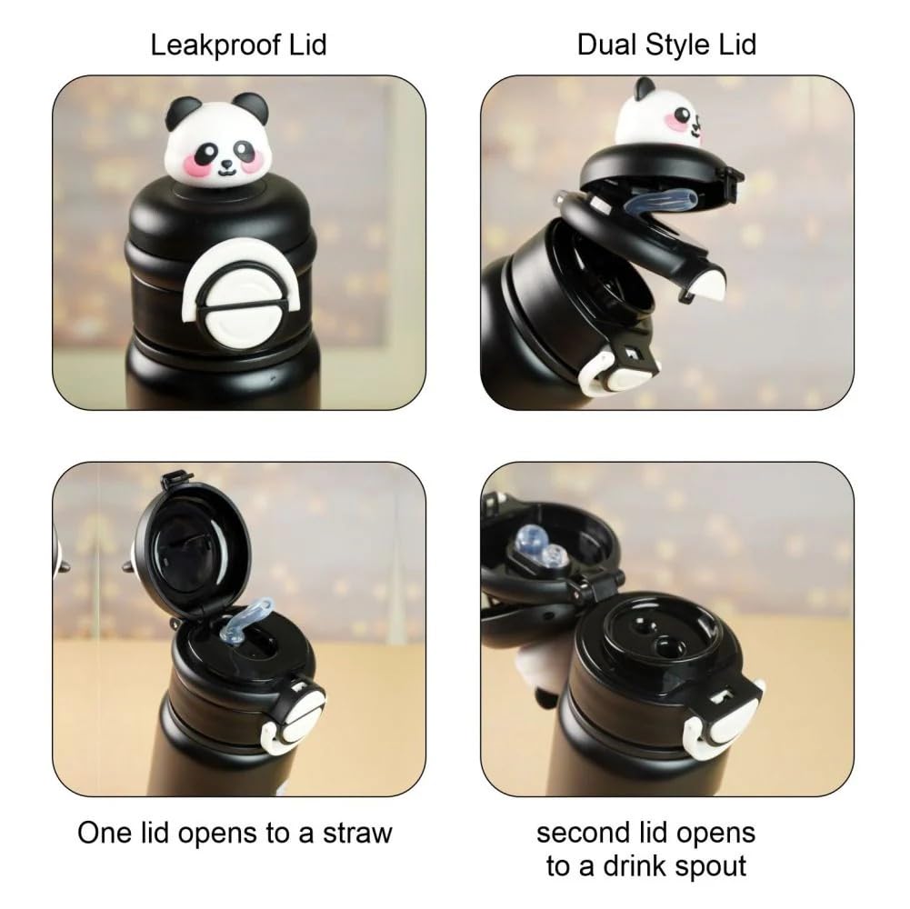 DailyAlley Black Panda Water Bottle - A stainless steel thermos for kids, featuring a cute panda design. Perfect for keeping drinks hot or cold.