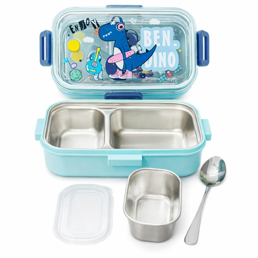 Lunch Box for Kids | Cute Tiffin Box for School | Stainless Steel Box with Leakproof Lid, Sauce Container & Spoon (Blue Dinosaur)