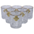 Five clear cut-glass tumblers with gold rims and gold Yamasin labels, arranged in a cluster on a white background.