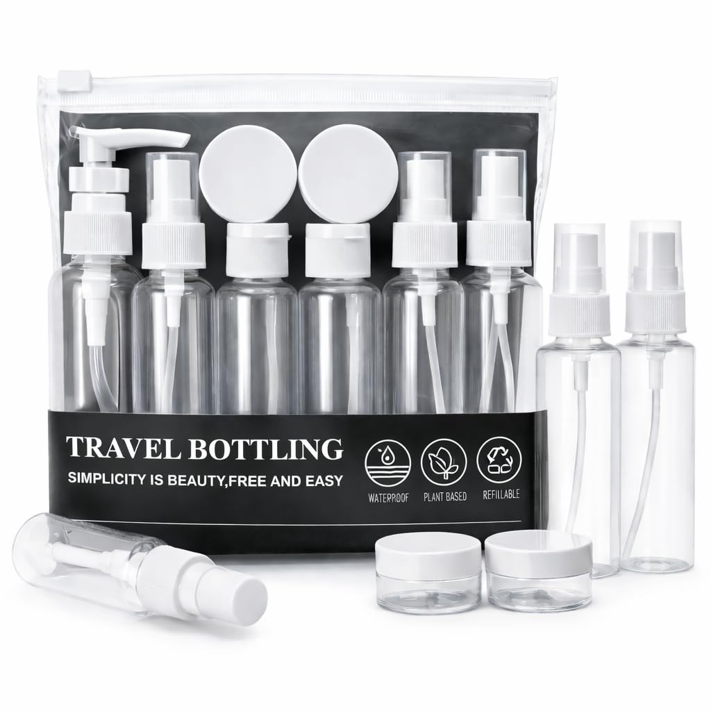 Travel Bottles for Toiletries with Pouch (7 Pcs) | Refillable Toiletry Containers for Shampoo, Lotion, Creams, Perfume & Cosmetics | Portable Travel Kit (White)