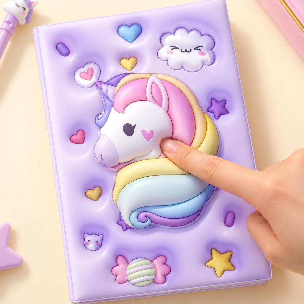 3D Squishy Unicorn Diary for Kids, Fancy Notebook for Girls, Cute Soft Touch Diary with 100 Pages, Kids Notepad for School, Personal Notes, Drawing & Writing (Purple)
