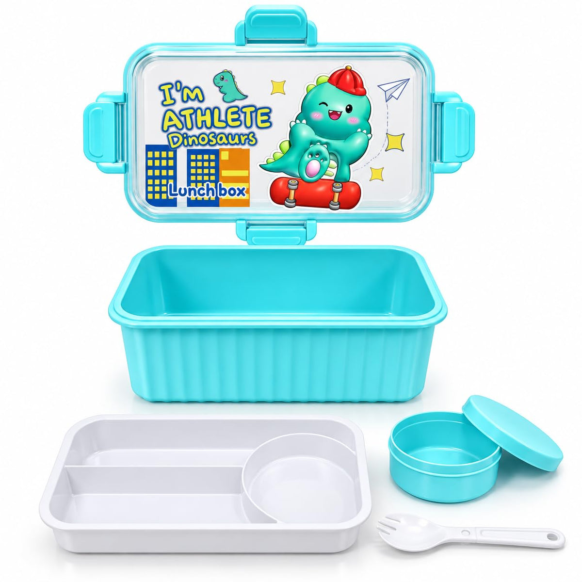 Kids Lunch Box for School, Dinosaur Tiffin Box for Boys & Girls with Fork & Inner Food Container, Multi Compartment Lunch Box for School, Picnic & Daily Meals (Blue)