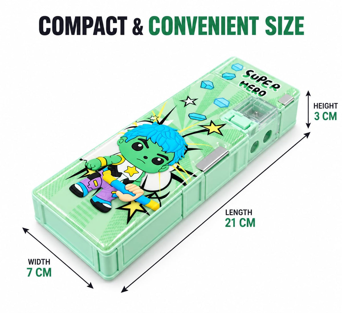 Superhero Print Pencil Box for Kids with Built-in Sharpener Multifunctional Pencil Box for Kids Boys & Girls, Large Capacity Stationery Mint Green