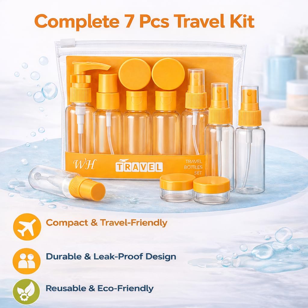 Travel Bottles for Toiletries with Pouch (7 Pcs) | Refillable Toiletry Containers for Shampoo, Lotion, Creams, Perfume & Cosmetics | Portable Travel Kit (Orange)