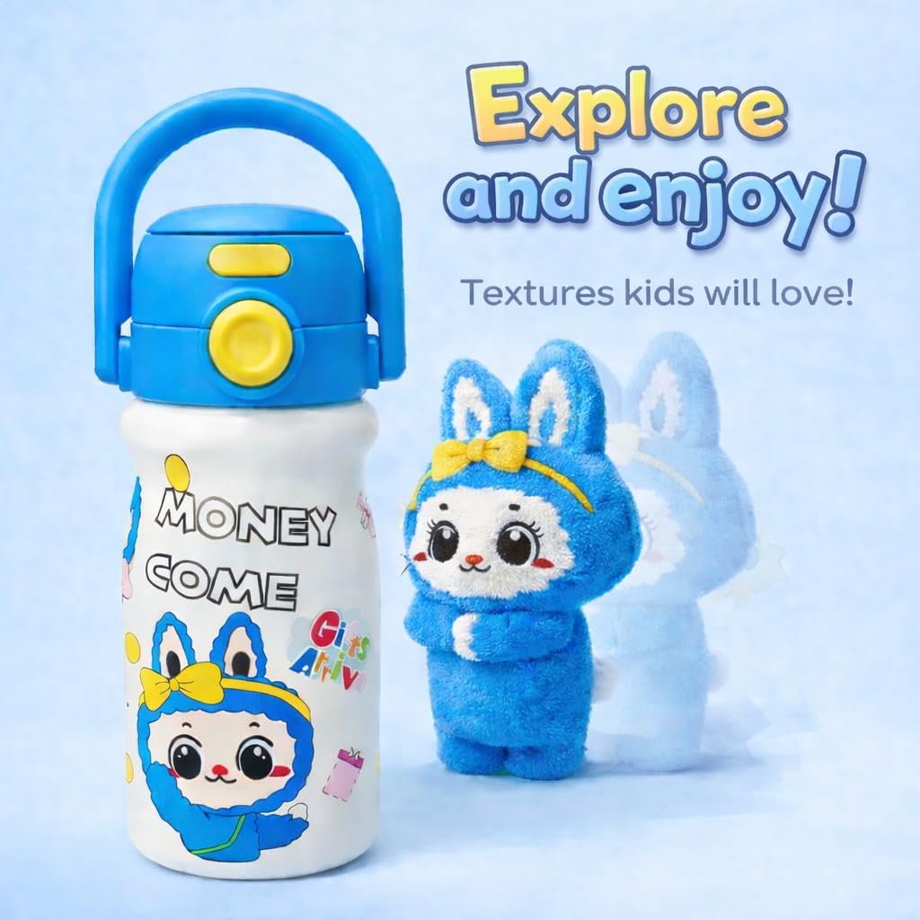 Cute cartoon printed water bottle with handle. 520 ml capacity, lightweight and easy to carry. Perfect for kids, school, travel and daily use. (White)