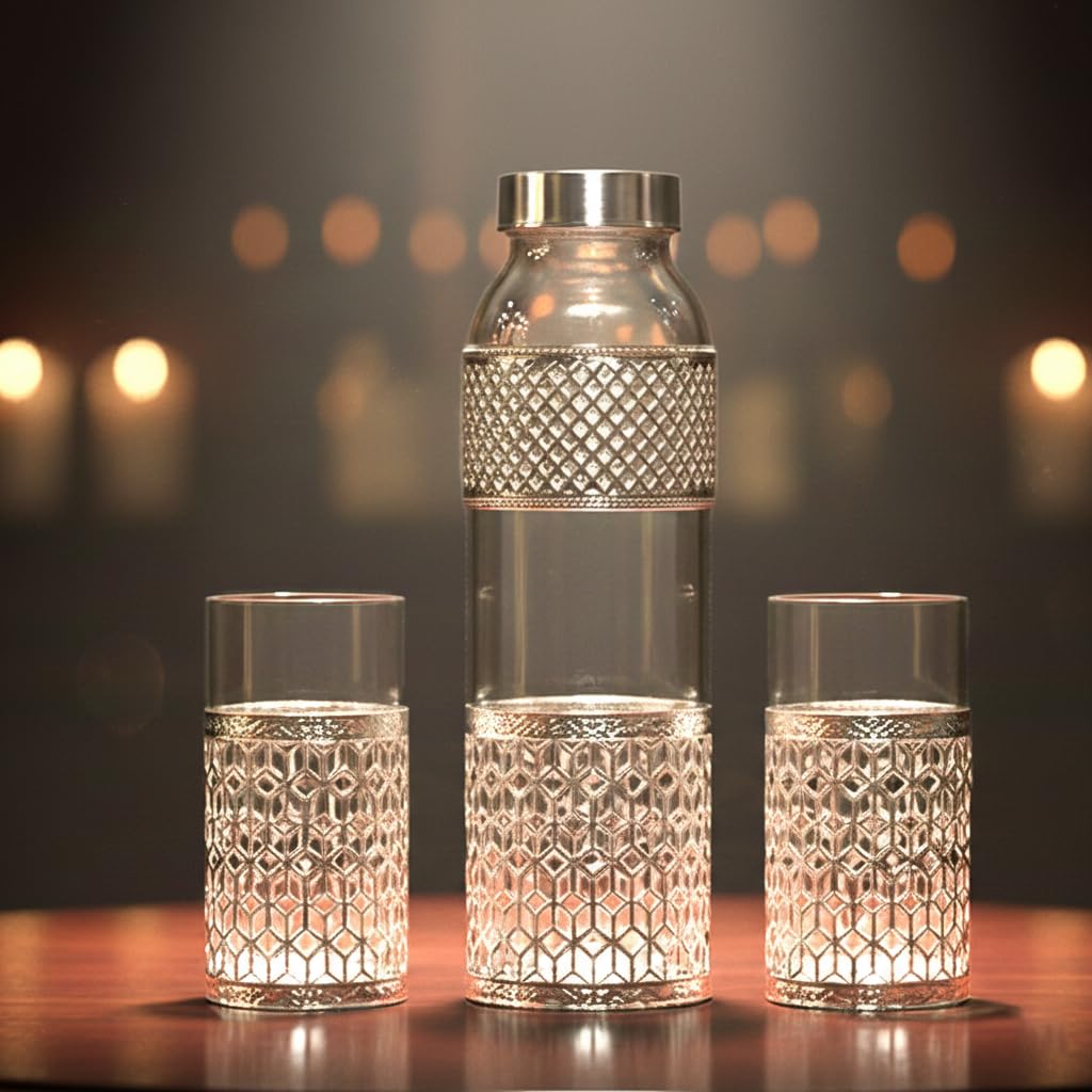 Premium German Silver Glass Bottle Set with 1 Litre Bottle & 2 Glasses (300ml Each) - Comes with Green Velvet Gift Box