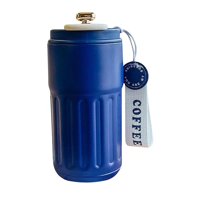 Blue coffee tumbler with a white label on a white background