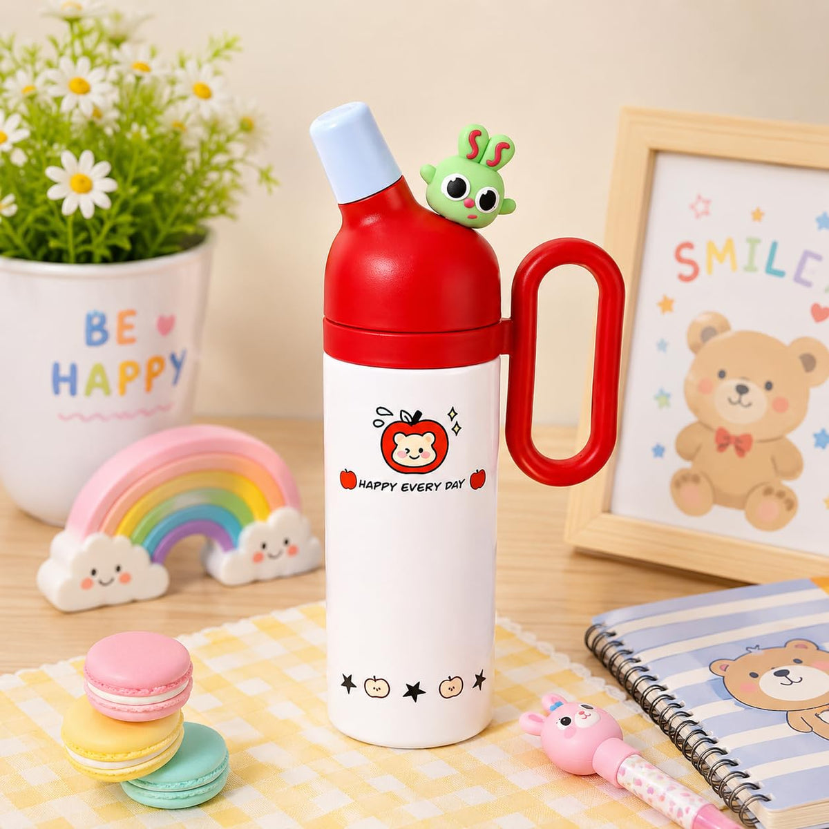 Dailyalley Cute Bear Insulated Water Bottle with Handle, Pink Blue Vacuum Flask, Leakproof Double Wall Thermal Bottle, Kids School Travel Mug, Happy Every Day Design, Hot & Cold Drink Bottle (White)
