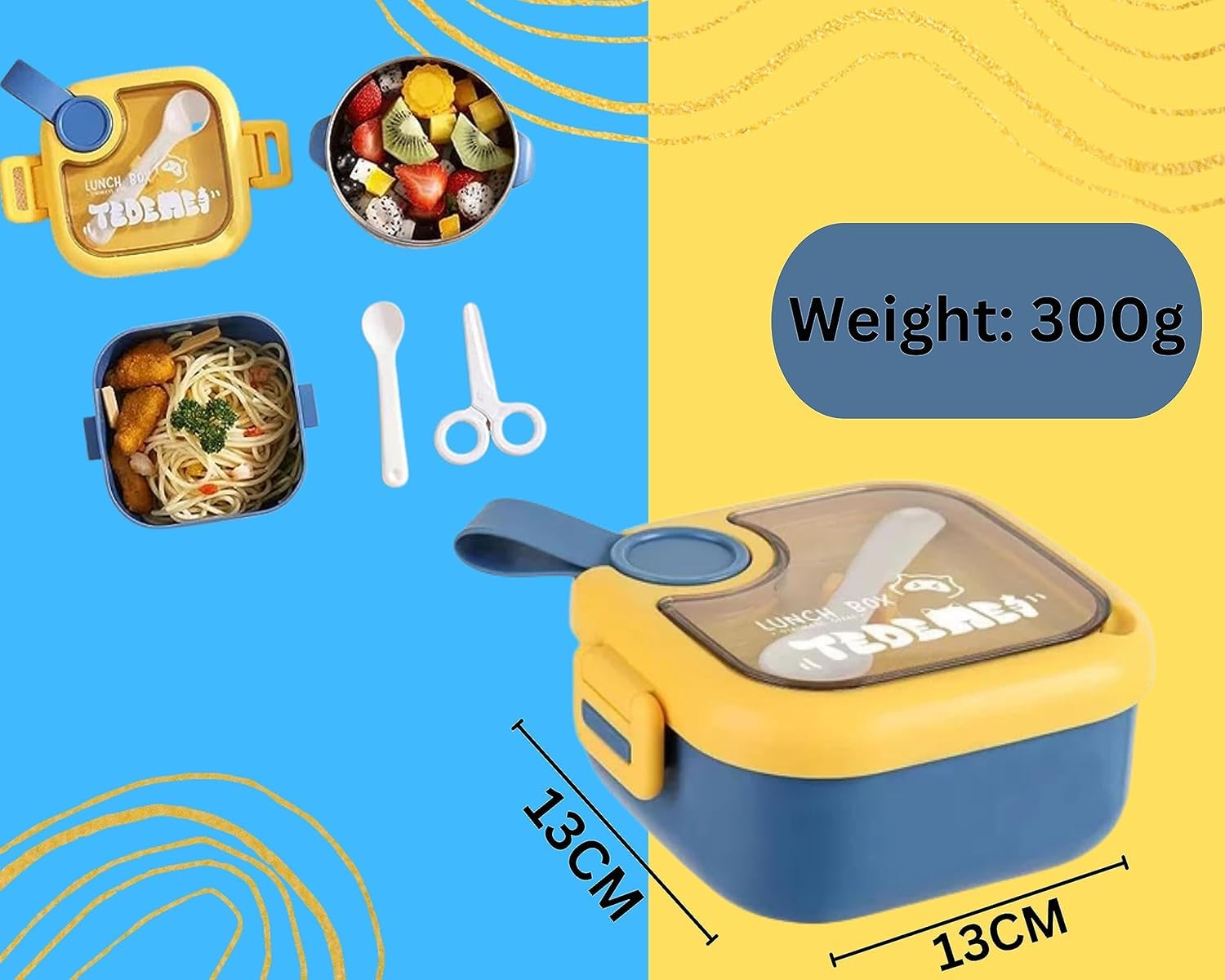 Lunch Box for Kids | Cute Tiffin Box for School | Stainless Steel Box with Leakproof Lid, Sauce Container & Spoon (Blue Round)